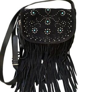 Cristofoli Turquoise Studded Handbag Black Fringe Leather Suede Southwestern Psy